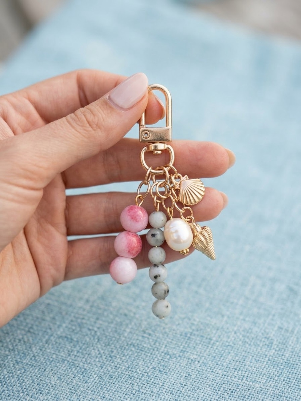 Gold Tone Shell Bag Charm Keychain with Pink and Aqua Beads & Faux Pearl